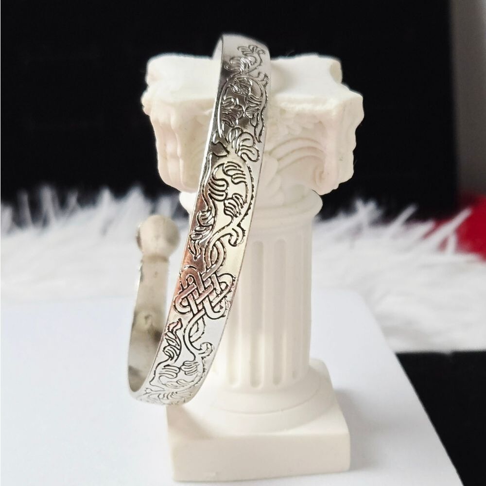 Celtic Knot Floral Engraved Silver Stainless Steel Open Bangle Bracelet Cuff